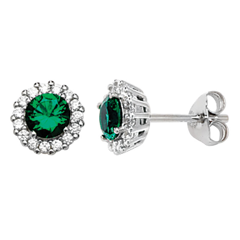 Sterling Silver Emerald CZ Round Stud Earrings