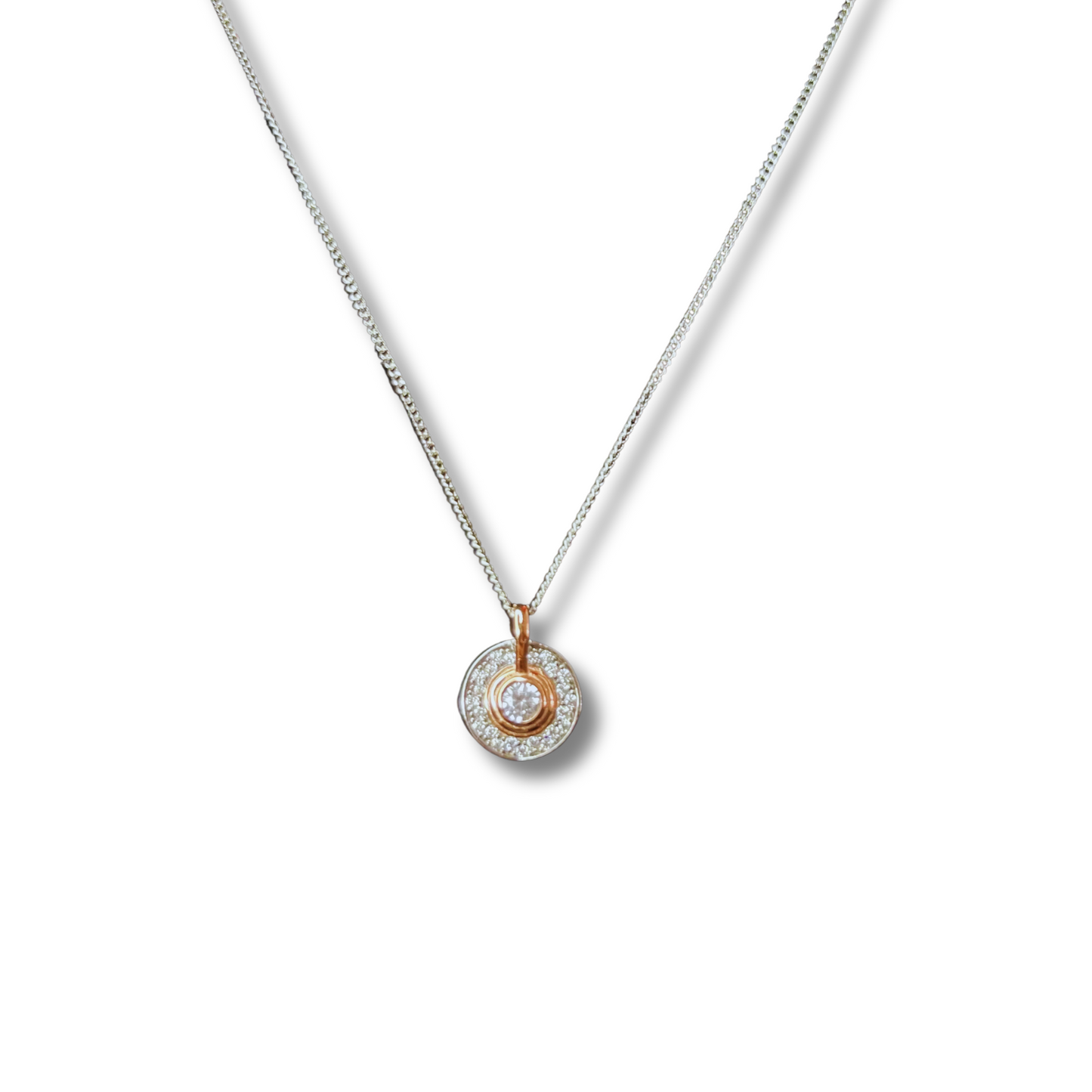 Sterling Silver Two Tone CZ Classic Round Necklace